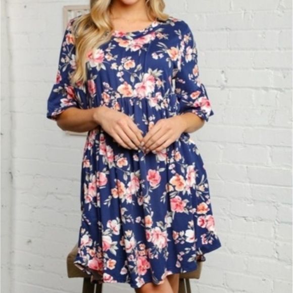 Navy Floral Bell Sleeve Swing Tunic Dress - Picture 3 of 4